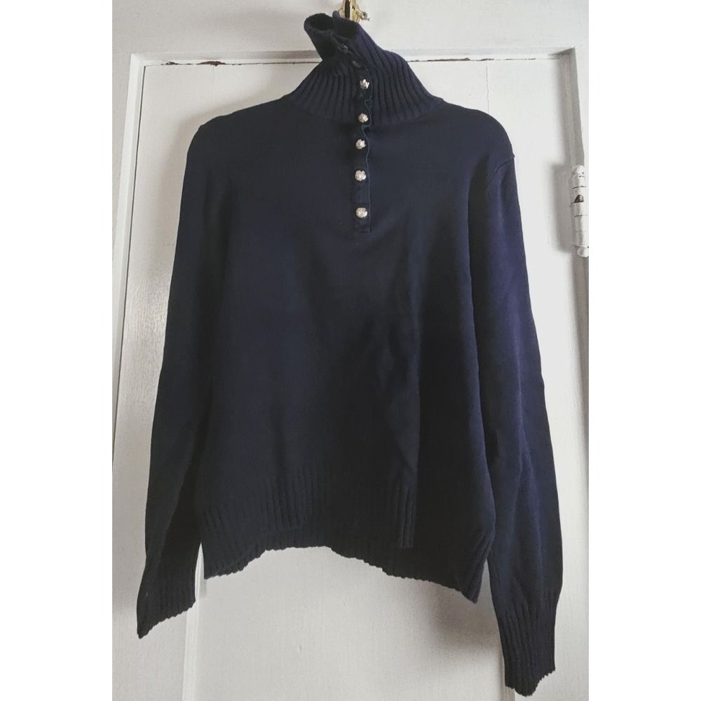Lauren Ralph Lauren Sz‎ M turtle neck silver button collar cotton sweater blue